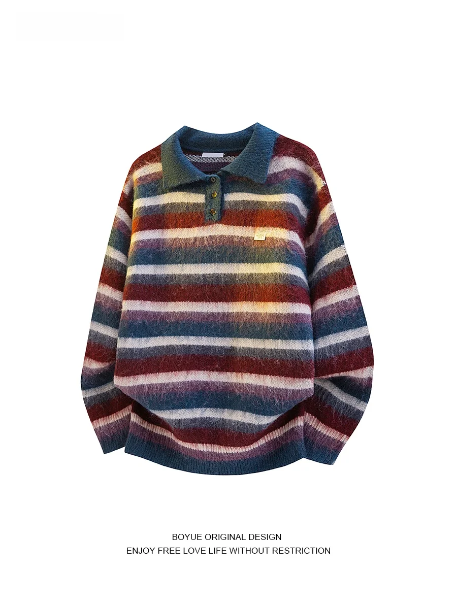 

BOYUE Korean Version Striped Heavyweight Color Blo Sweater Casual Simple Lazy Collar ex Knitted irt for Students