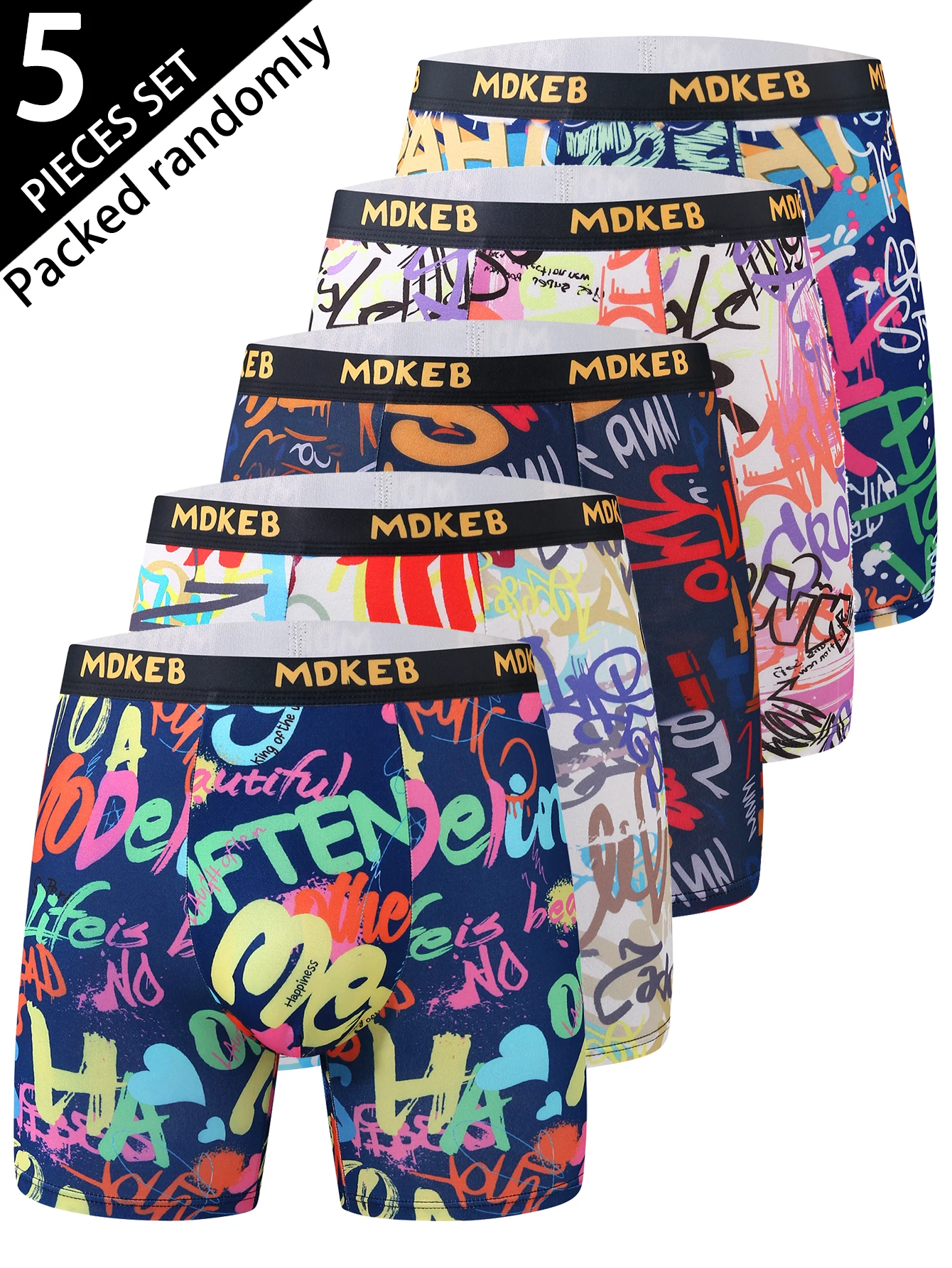 

5-Pack Men's Long Boxer Shorts Assorted Graffiti Pattern Comfortable Casual Mid-Waist High Elasticity Fashionable Underwear