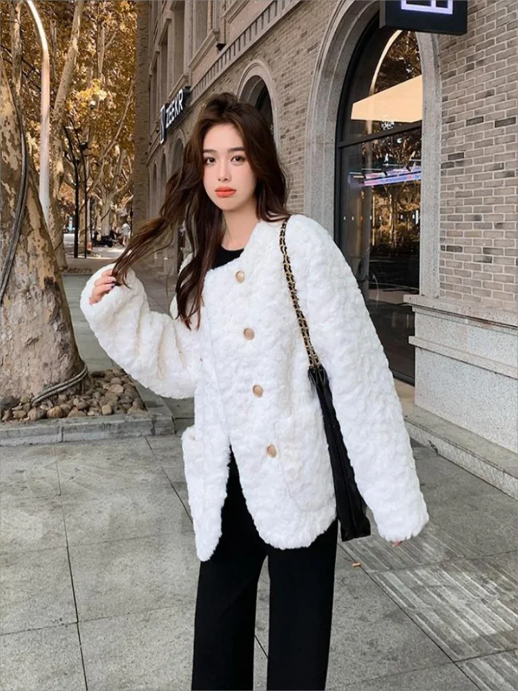 2024 Autumn and Winter New Women Lamb Wool Coat Loose Short Top Thick Warm Cotton Jacket Fashion Outwear Relaxation Outcoat