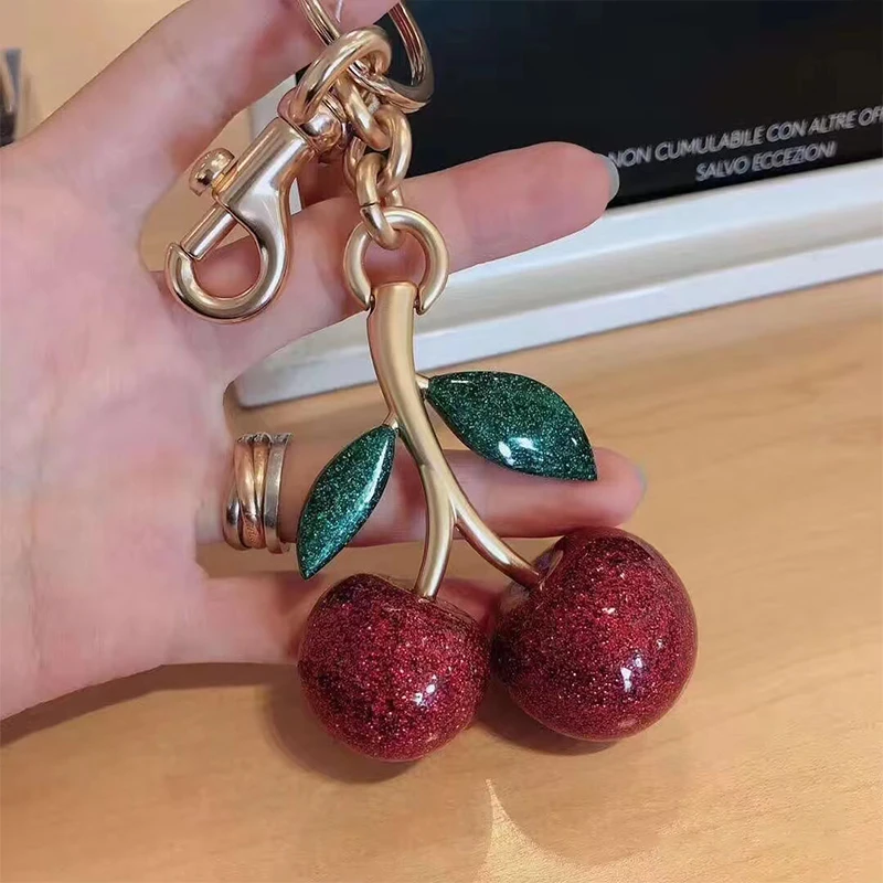 Llavero colgante de cereza de cristal exquisito para mujer, accesorios de llave de coche, regalos para niñas, llavero colgante de cerezas de frutas femeninas