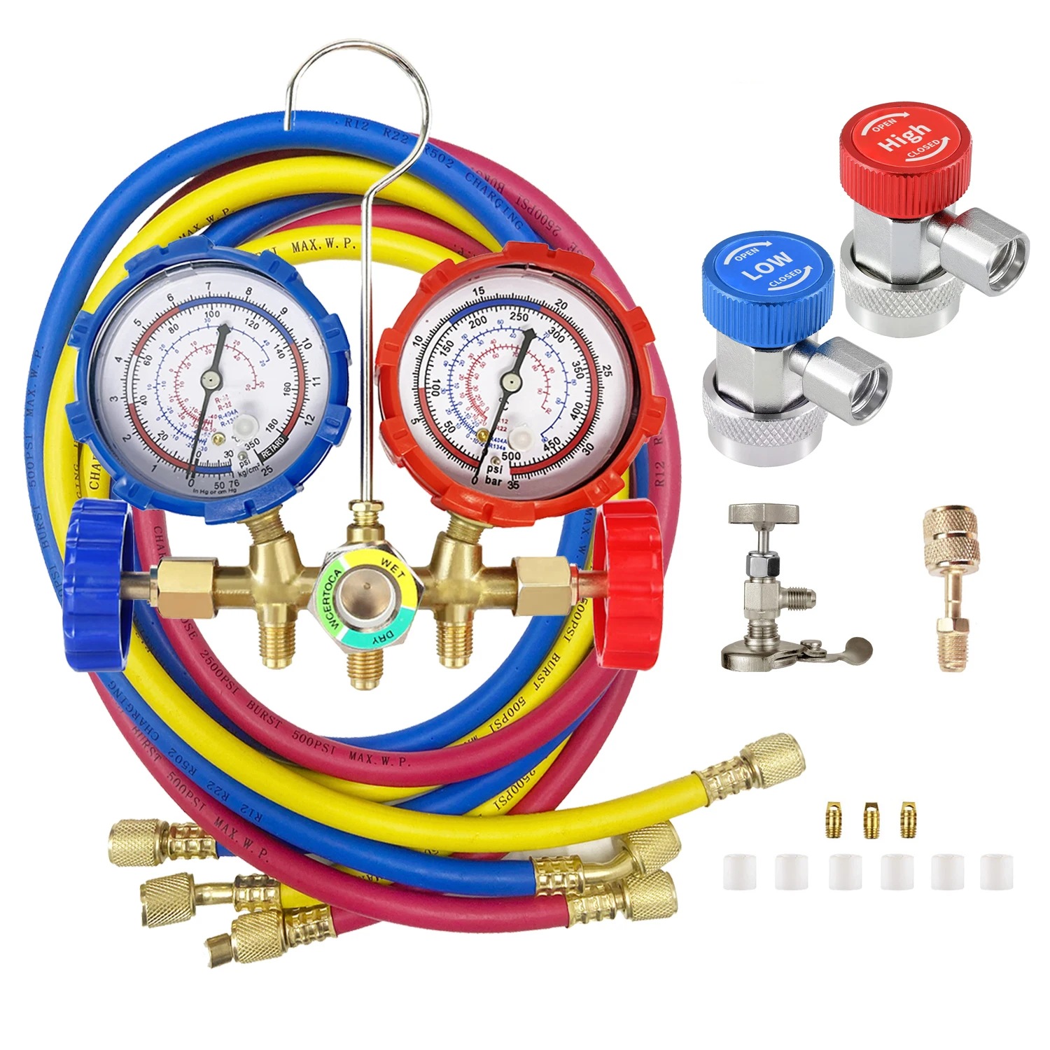 Manifold Gauge Set R12 R22 R134a R404A HVAC A/C Refrigeration Charging Service with Hoses Adjustable Couplers Adapter Can Tap