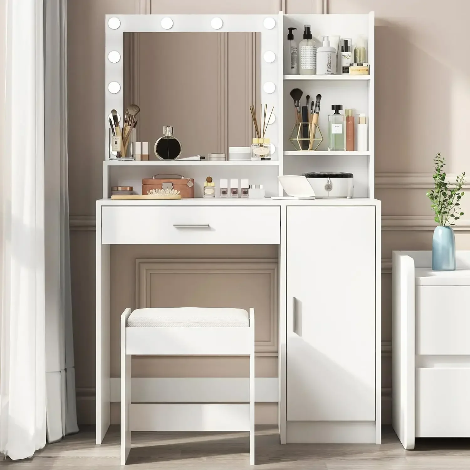 Mesa de vaidade com espelho e luz, gaveta grande e cômoda de armazenamento de três níveis, 3 modos de iluminação brilho ajustável, quarto dre