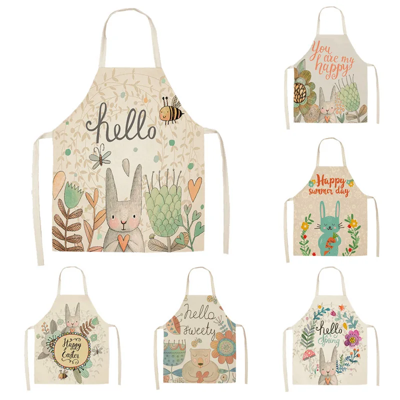 Cartoon Linen Rabbit Apron Parent-child Floral Work Waiter Cooking Accessories Milk Tea Apron Kitchen Aprons for Women Delantal