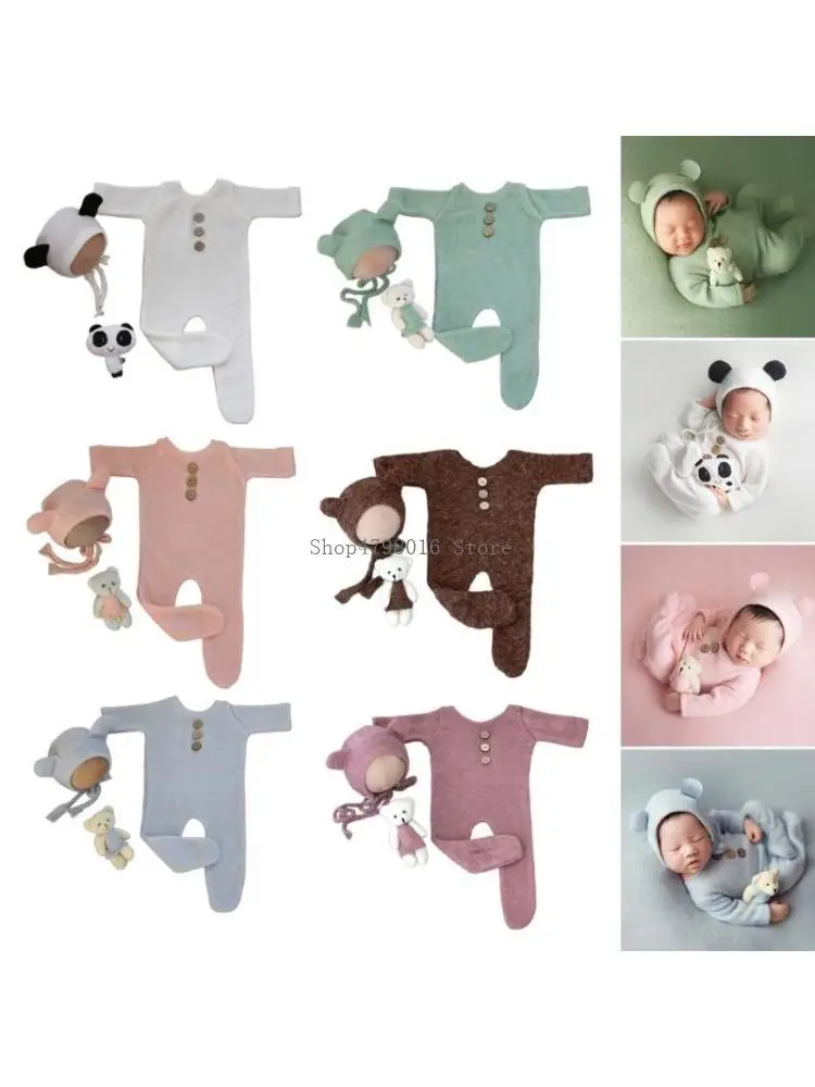  Knitted Bear Costume Hat Romper Doll Set Newborn Photoshooting Props Baby Photo Posing Suit Infant Photography Outfit