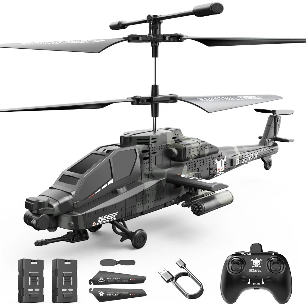 Elicottero RC DEERC Apache - Giocattolo telecomandato in stile militare con luci a LED, doppie batterie e ricarica USB-C per bambini e