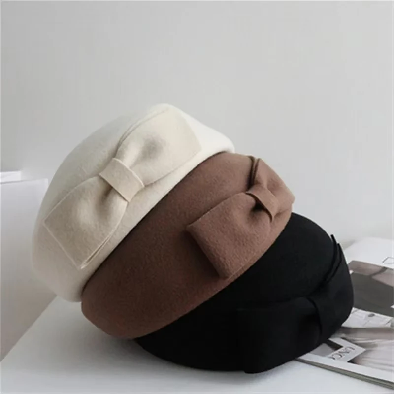 Winter Fashion Wool Fascinator Beret Hat For Women Bowknot Felt Hat White Black Fedora Hat Cocktail Church Wedding Pillbox Hat