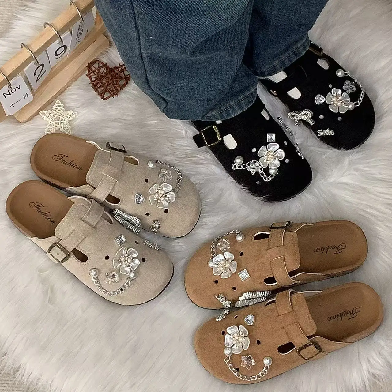 

Женские тапочки в полупаке, повседневные туфли в стиле ретро с закрытым носком, слипоны, крутой и сладкий серебряный бант, женские тапочки на плоской подошве с белой морской звездой