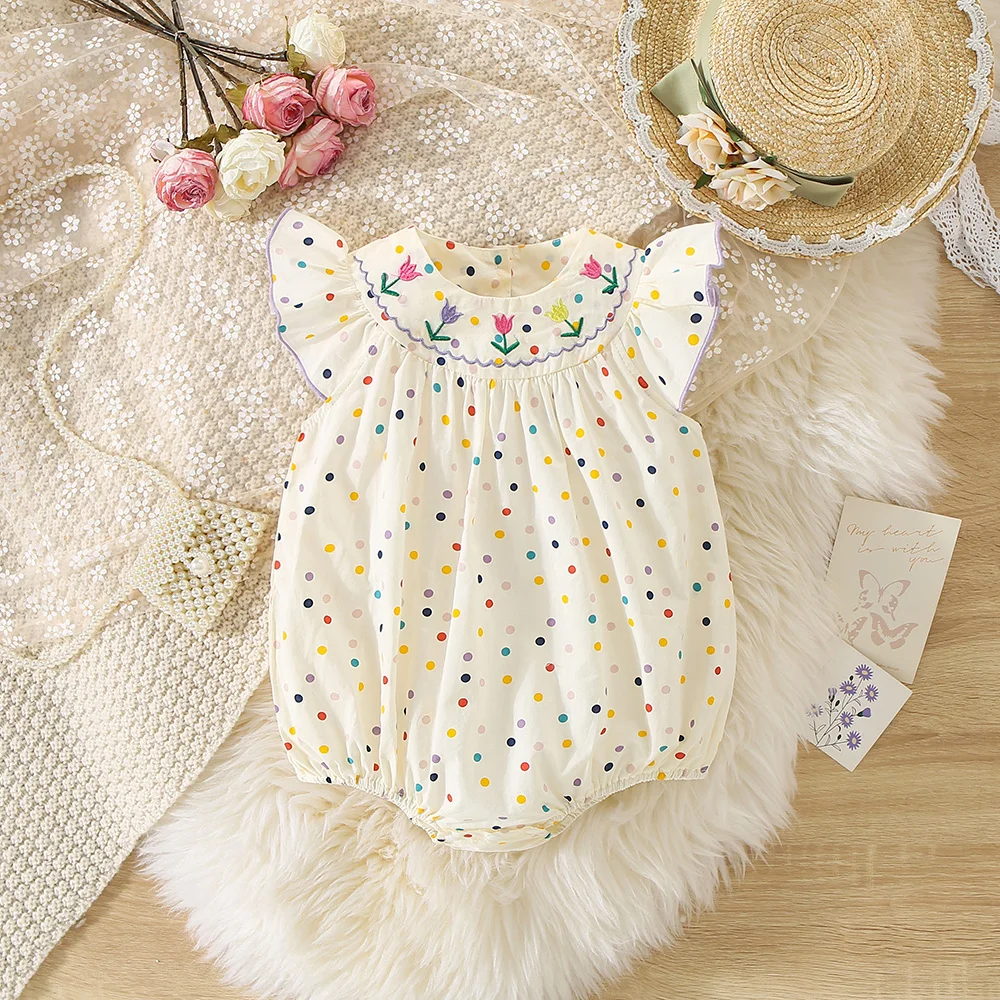 Summer Baby Girls Colorful Dot Flower Embroidery Small Flying Sleeve Jumpsuit Girl Cute Cotton Crawling Sweetheart