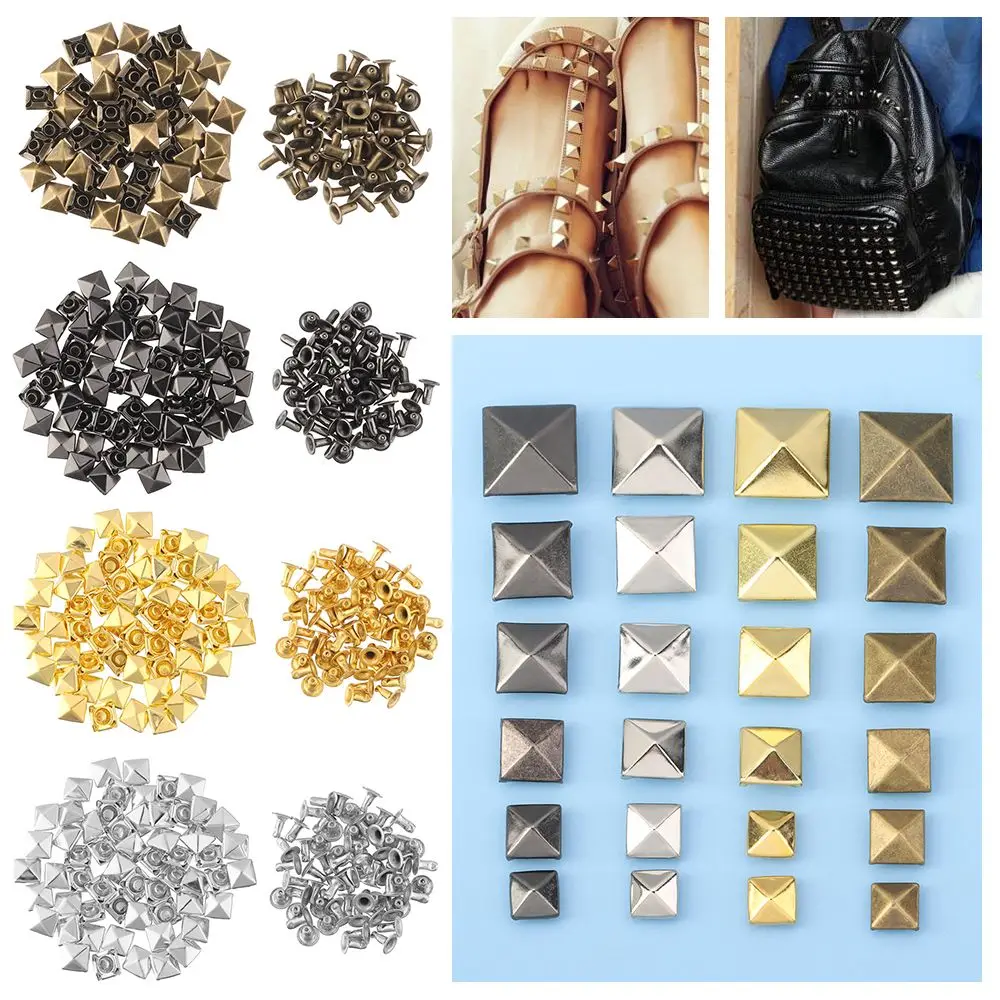 50Sets Scrapbooking Shoes Bag Decor Pyramid Shape Square Rivets Fix Studs Cloth Button Metal Spikes