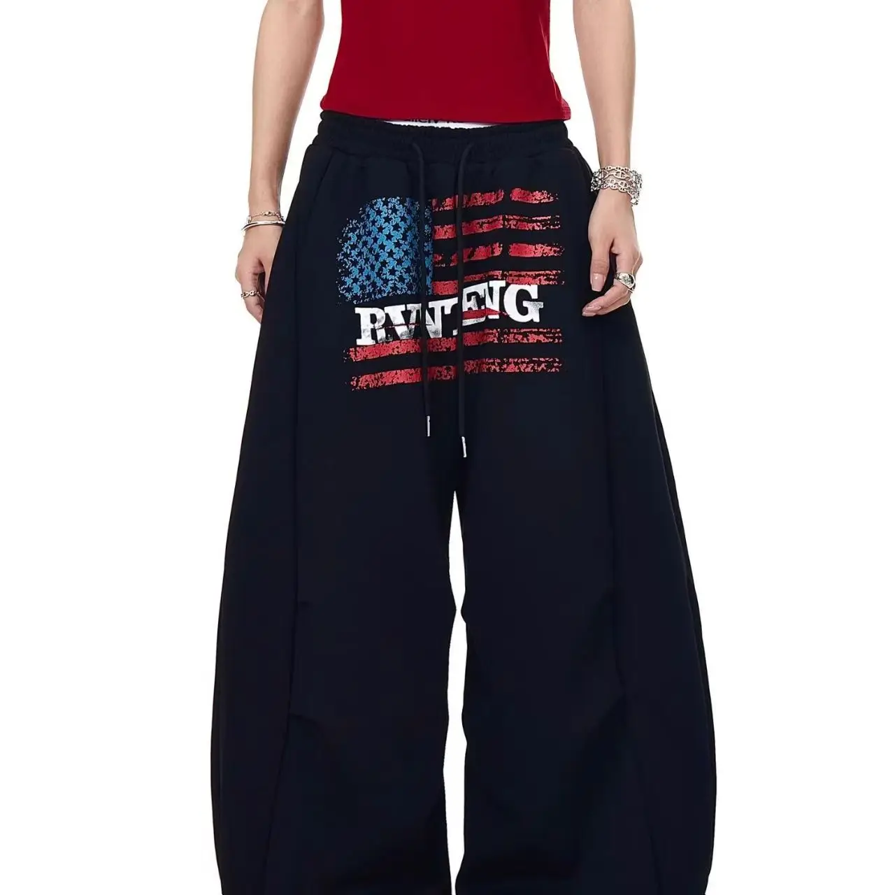 

Черные готические американские флаги с буквенным принтом для мужчин и женщин в стиле хип-хоп, панк, повседневные широкие брюки большого размера, многофункциональные спортивные штаны для бега