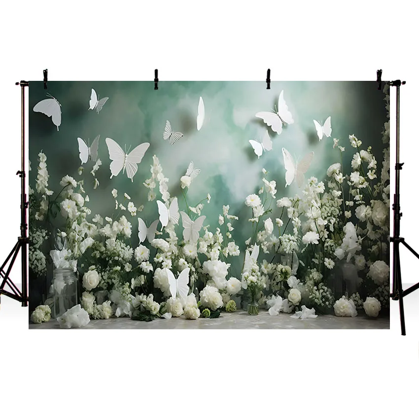 Mehofond Photography Background Vintage Texture Wall White Butterfly Flowers Girl Birthday Portrait Decor Backdrop Photo Studio