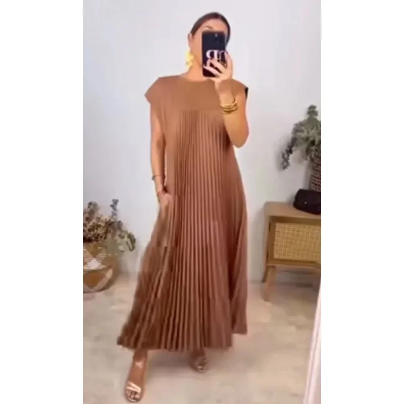 Women Round Neck Sleeveless Pleated Dress Solid Color Sexy Long Loose Maxi Dress Summer Ankle Length