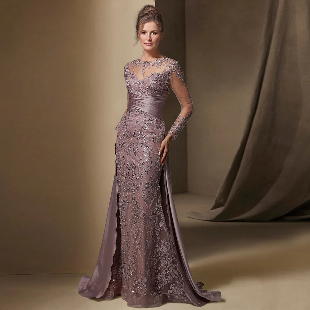Lace Mermaid Evening Dress with Detachable Skirt Customized Round Neck Illusion Long Sleeves Sequined Applique Prom Gown