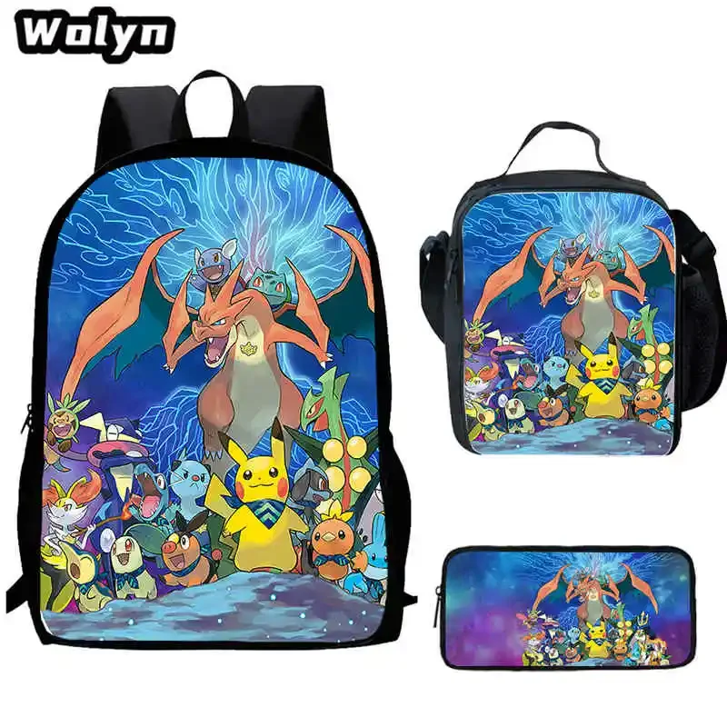 

3Pcs Set Cartoon P-POKE-M-MON School Backpack with Lunch Bags Pencil Bags for Boys Girls,Anime School Backpack for Kindergarten