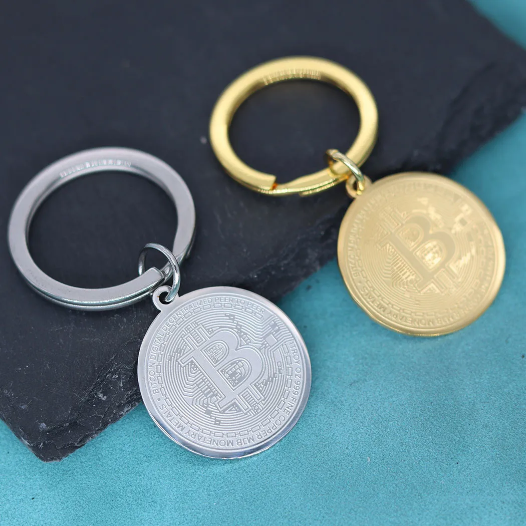 Bitcoin Pendant Keychain Gold Color Stainless Steel Medal Symbol Key Chains Men Women Collection Jewelry Gift