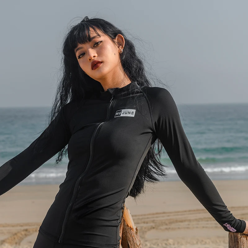 Nu-June Women Surf Top Rashguard Swimming Suit Long Sleeve Zipper Rash Guard Surfing UPF50+ Swimsuit Quick-Dry Top Beachwear