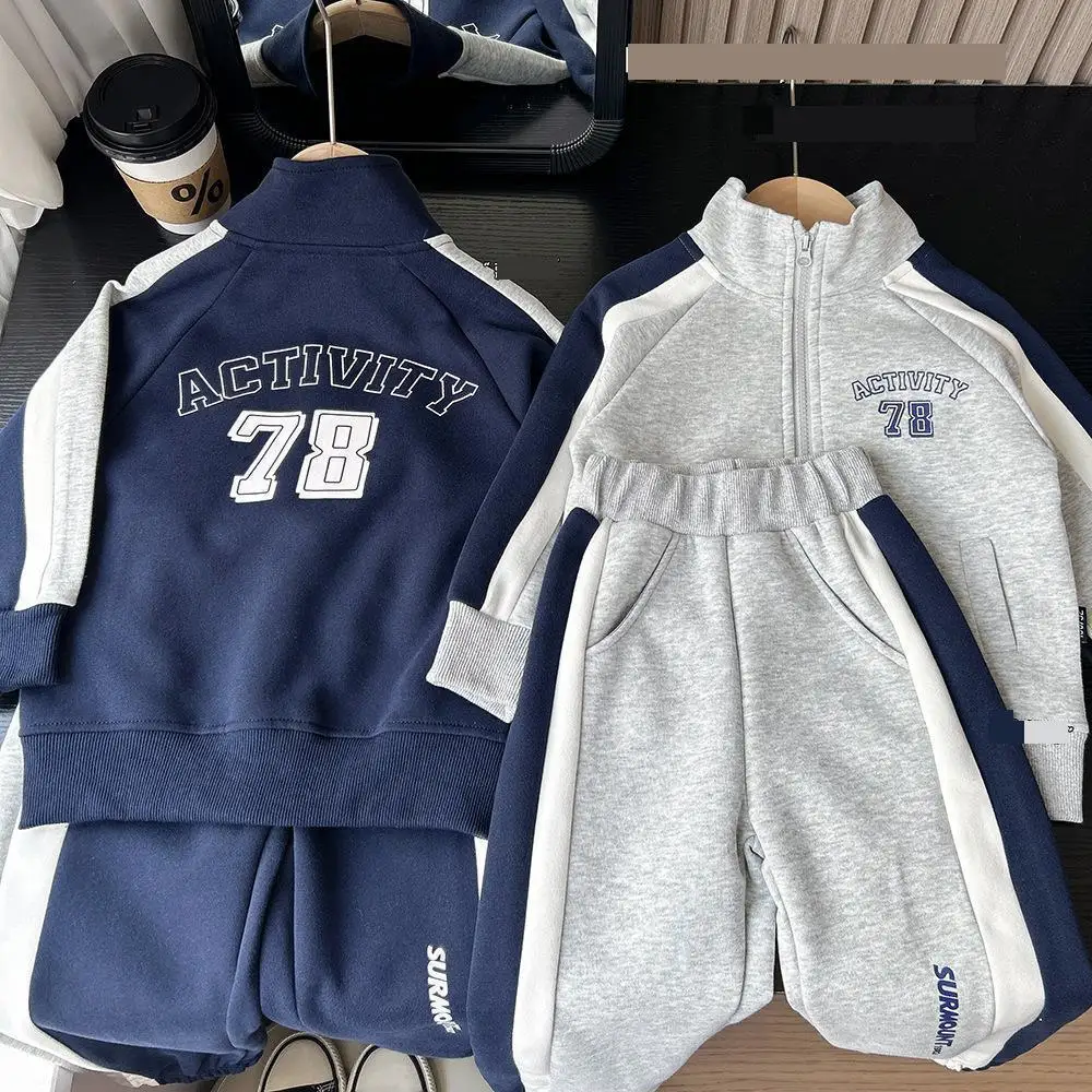 2026 Autumn New Children Long Sleeve Clothes Set Boys Girls Zipper Coat + Sweat Pants 2pcs Suit Kids Letter Print Casual Outfits