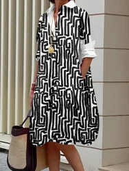 Yeezzi Urban Female Fashion Striped Printed Lapel Shirts Dress 2024 New Spring Long Sleeves Loose Casual Office Midi Dresses