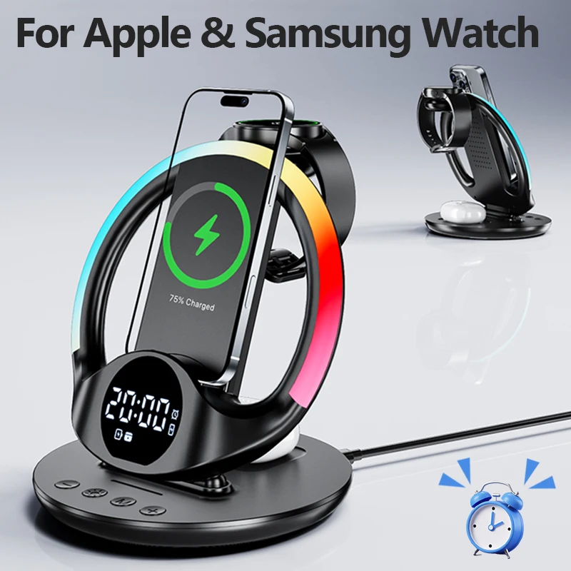 6 in 1 Wireless Charger RGB Light Alarm Clock for iPhone 17~12 Samsung Apple & Galaxy Watch Airpods Pro Buds3 Pro Fast Charging