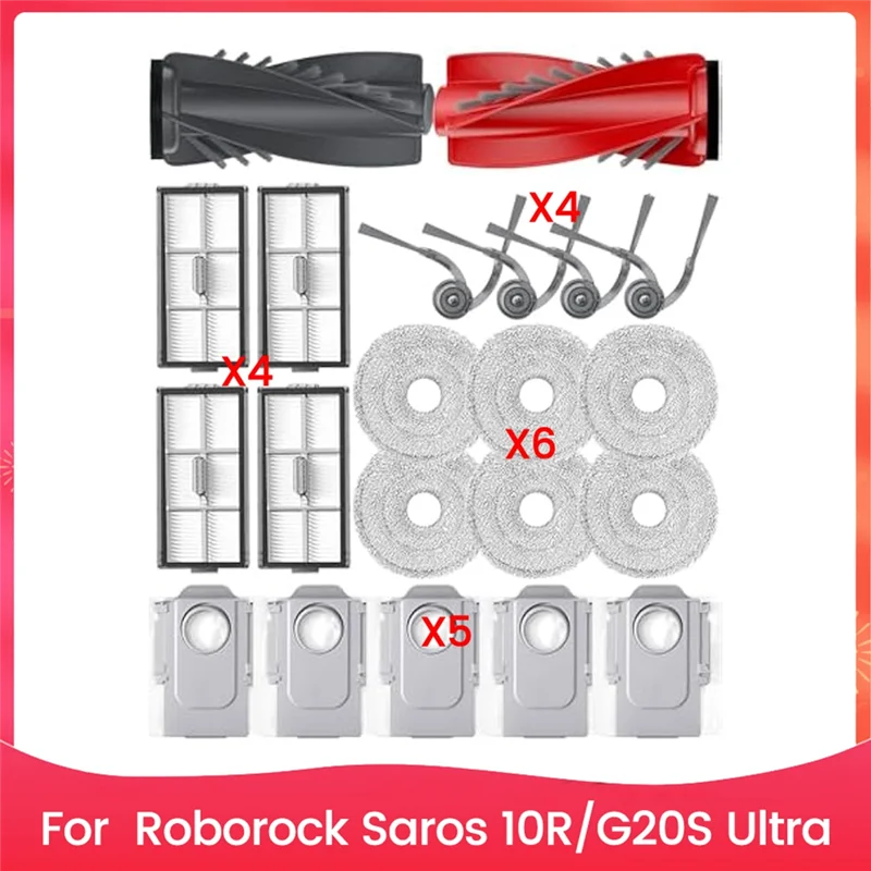 

B58B-Accessories For Roborock Saros 10R/G20S Ultra,2 Main Brushes 4 Side Brushes 5 Dust Bags 4 HEPA-Filters 6 Mop Pads