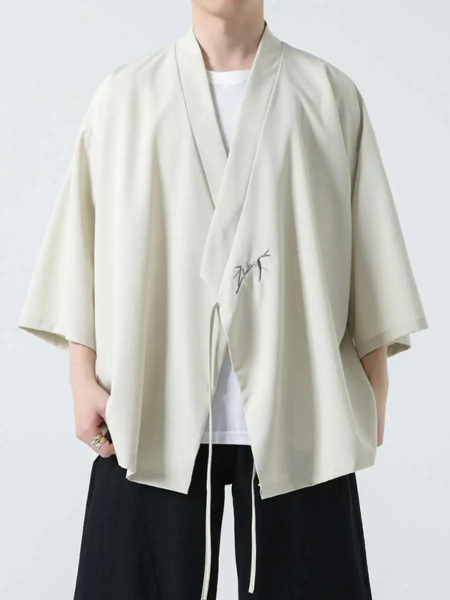 

Новая летняя мужская одежда из ледяного шелка с вышивкой бамбуком, воротником-стойкой, в стиле Дао Пао, с рукавом 7/8, Ханьфу, для дзен-монахов, молодежная этническая одежда