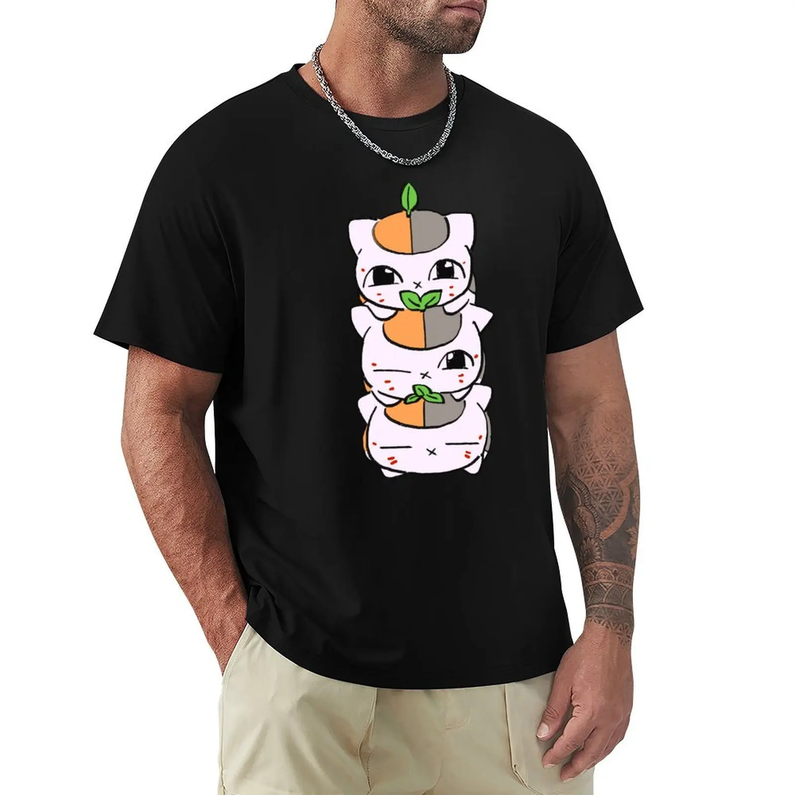 I draw three nyanko sensei tower / Natsume's Book of Friends movie T-Shirt Holiday Casual Short Sleeve Top