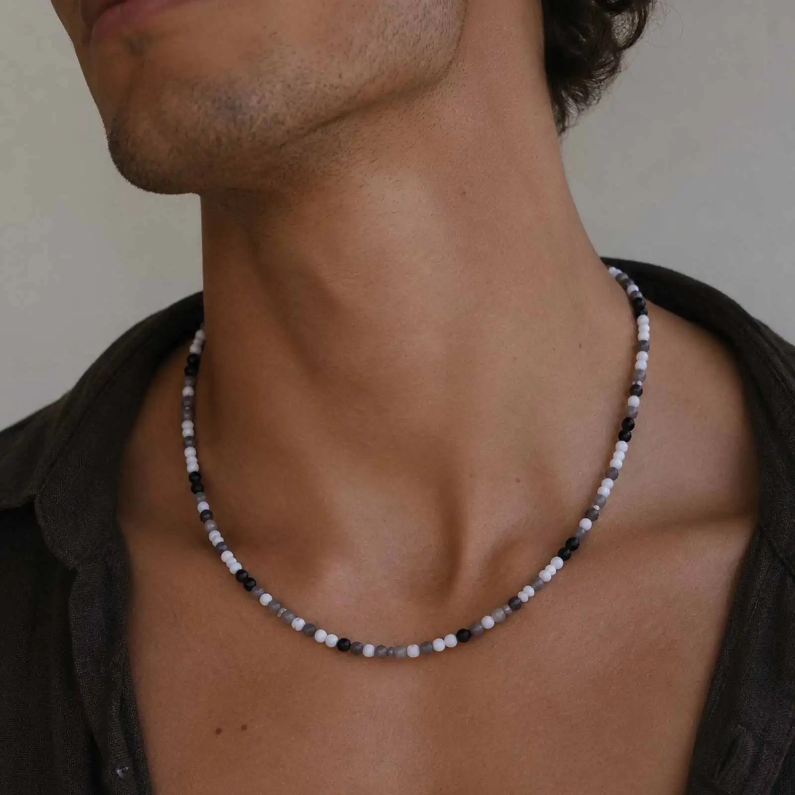mprainbow Edelstahllegierung Schwarz-Weiß Kristallperlen-Halskette Schwarz, Silber Herren-Anhänger-Halskette Glaubensgeschenk Mode – Detail 6
