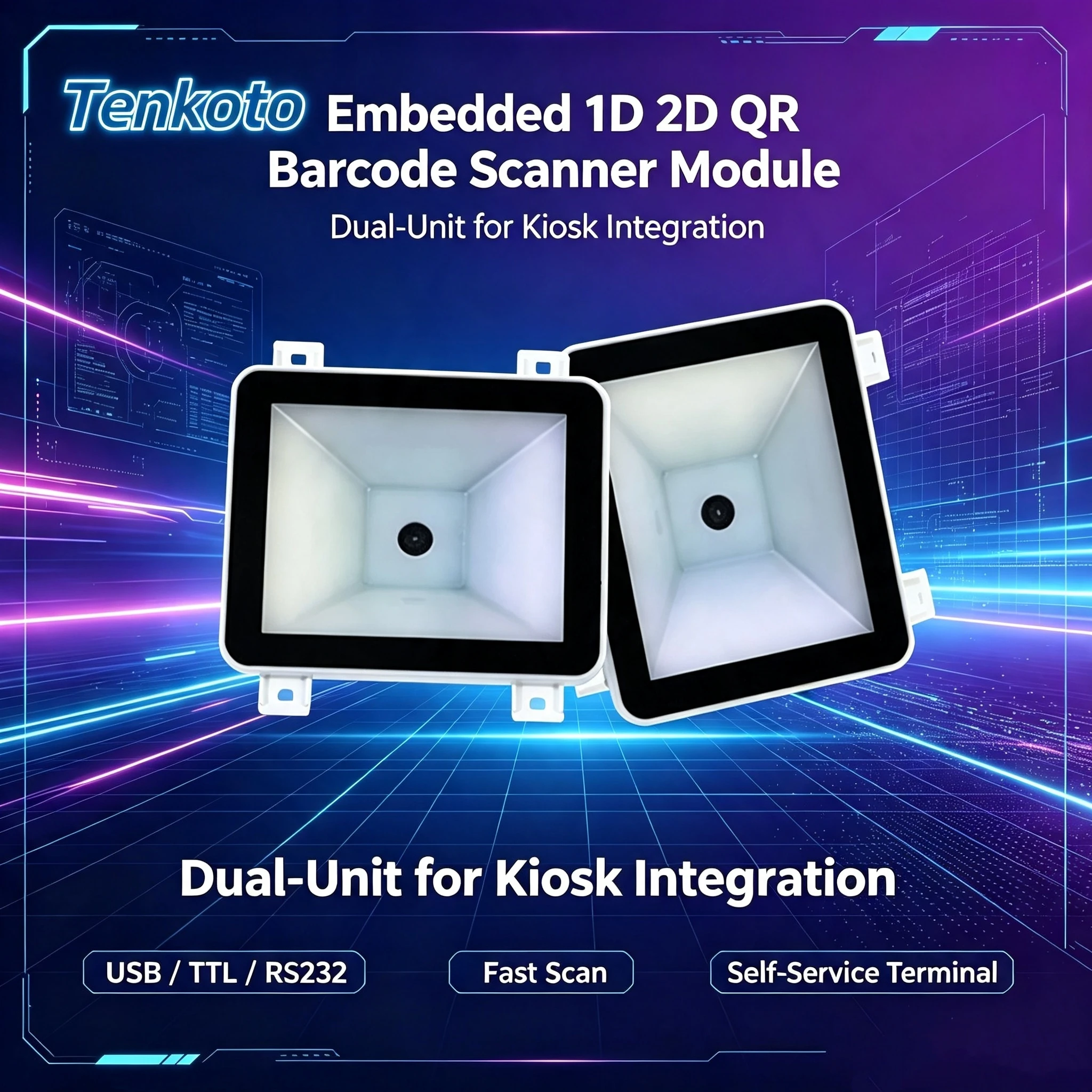 Tenkoto Embedded 1D 2D QR Barcode Scanner Module USB TTL RS232 Interface for Kiosk Self‑service Terminal Device