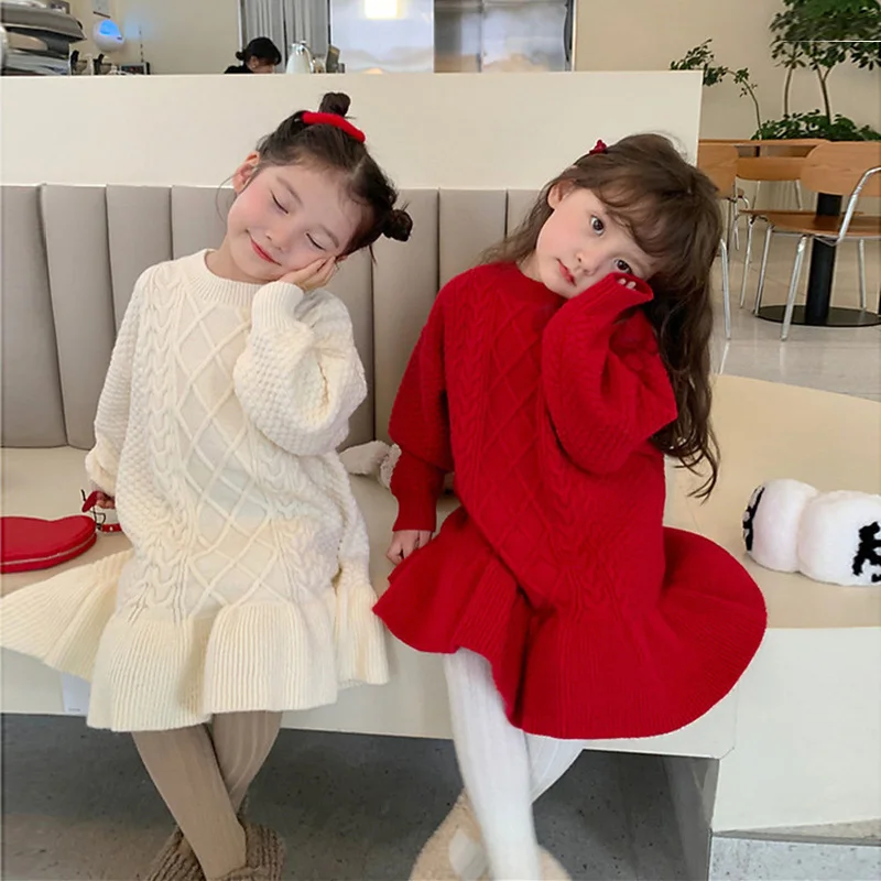 Girls Thicken Knitted Dress Children Autumn Winter Warm Gown Princess Sweaters Vestidos 2024 New Kids Fashion Clothing 2-8Y