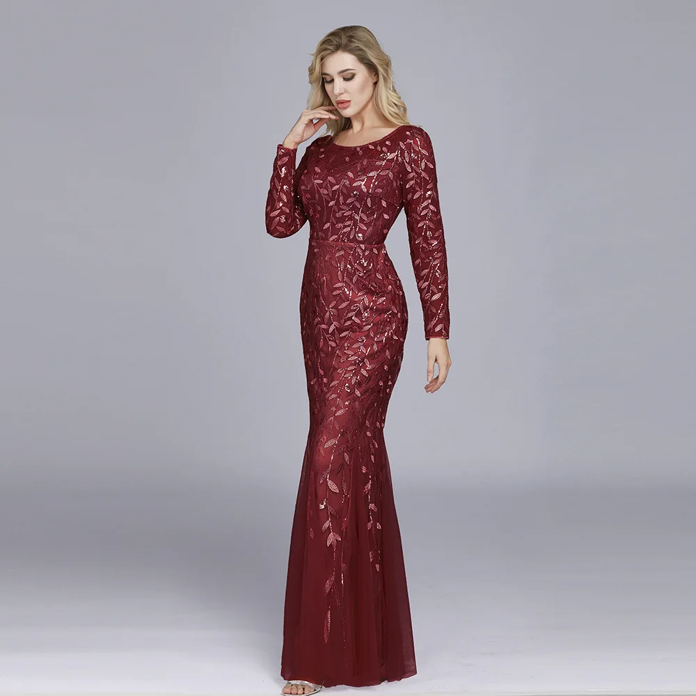 Evening Gown 2026 Slim Fit Long Sve Fi Tail Dr Sparkling Tulle for Banquet Cany Annual Meeting round Ne Elastic ...
