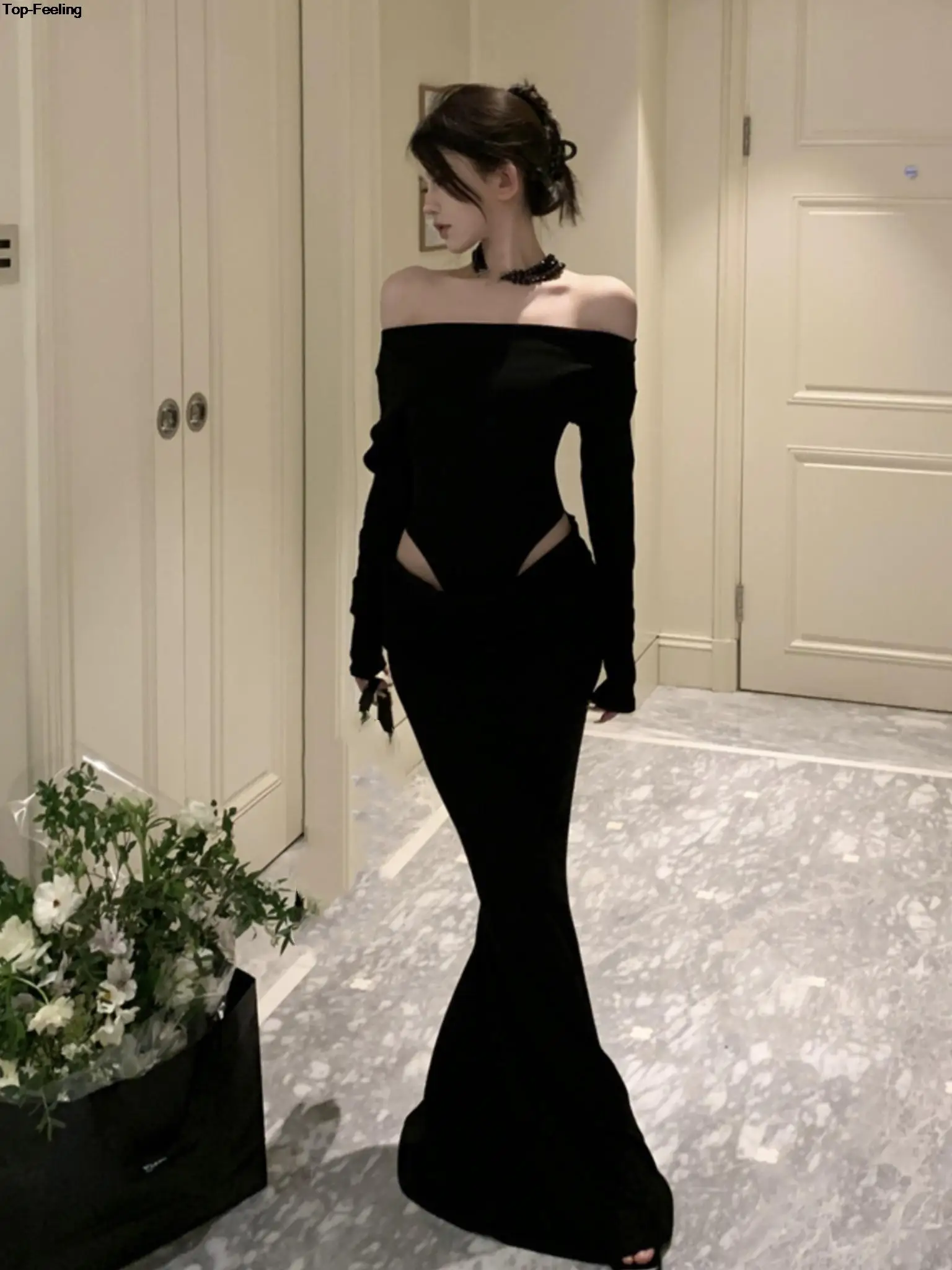 Women Sexy Hollow Out Black Long Dress Spring Autumn Fashion Bodycon Party Prom Runway Robe Female Y2k Streetwear Mujers Clothes