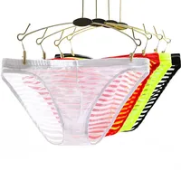 Sexy Stripe Transparent Men Bulge Pouch Briefs Underwear Nylon Underpants Panties Underwear Pump Man Panties Briefs