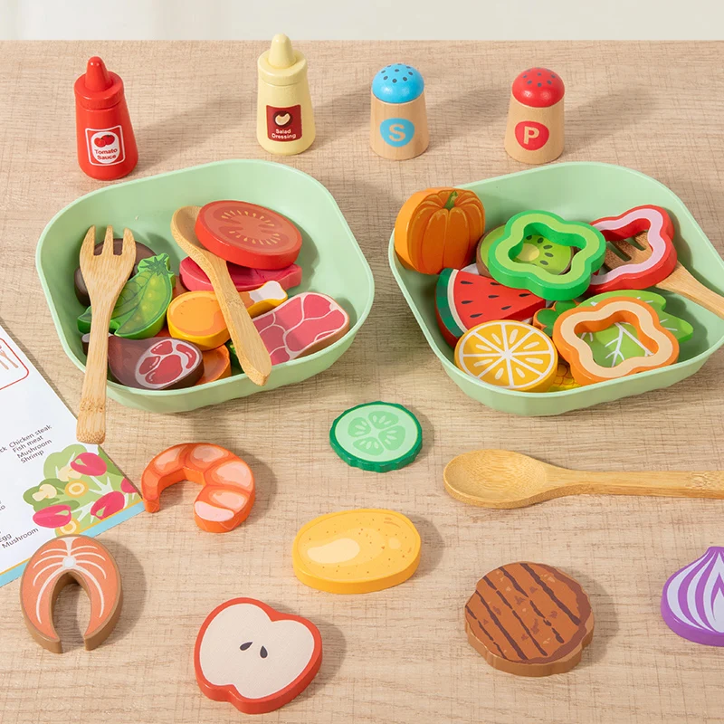 Wooden Simulation Salad Pretend Play Toy Set Simulation Food Accessories Cooking Play Kitchen Toy Game for Kids 2 Years Gift