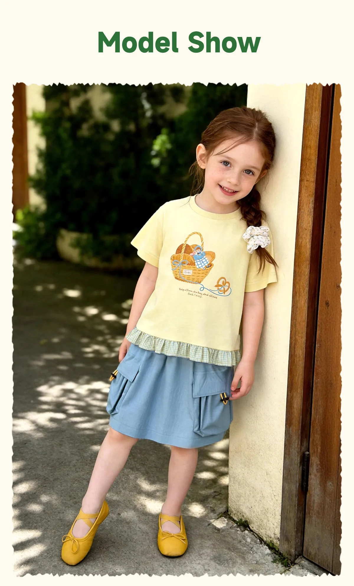 Amila 2026 Sommer-T-Shirt für Mädchen im neuen Stil mit kindlichen Illustrationen, kariertem Muster, Rüschensaum und coolen kurzen Ärmeln – Detail 10