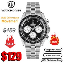 Watchdives WD1863 Watch VK63 Quartz Chronograph Movement Bubble Sapphire Crystal 100m Waterproof Luminous 39mm Vintage Watches