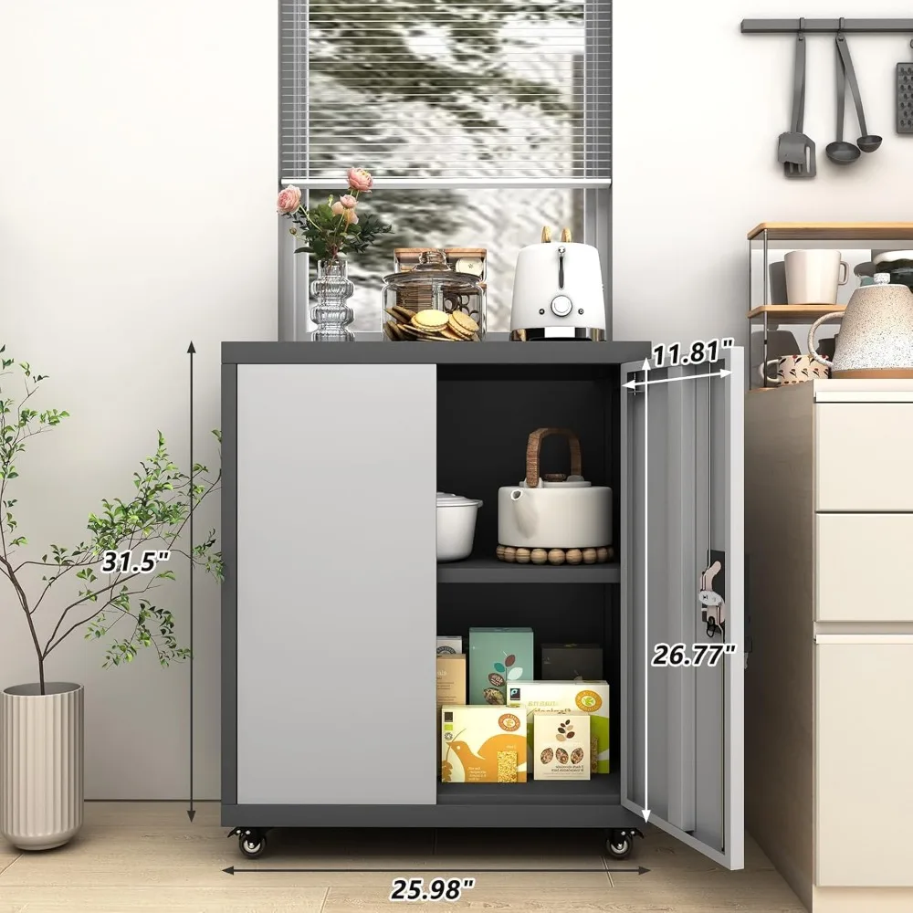 調節可能な棚板付きメタル収納キャビネット、扉とキャスター付き、狭いガレージスペース向け、安全なロックオプション付き
