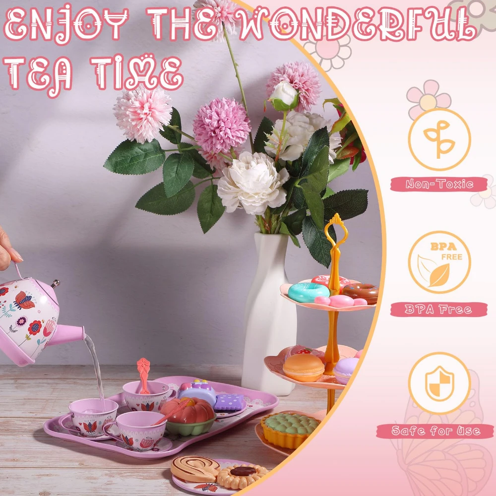 WizKidz Kids Tea Party Set for Ages 3+ Year Old Girls Princess Pretend Play Kitchen with Dessert Doughnut Carrying Case Gifts