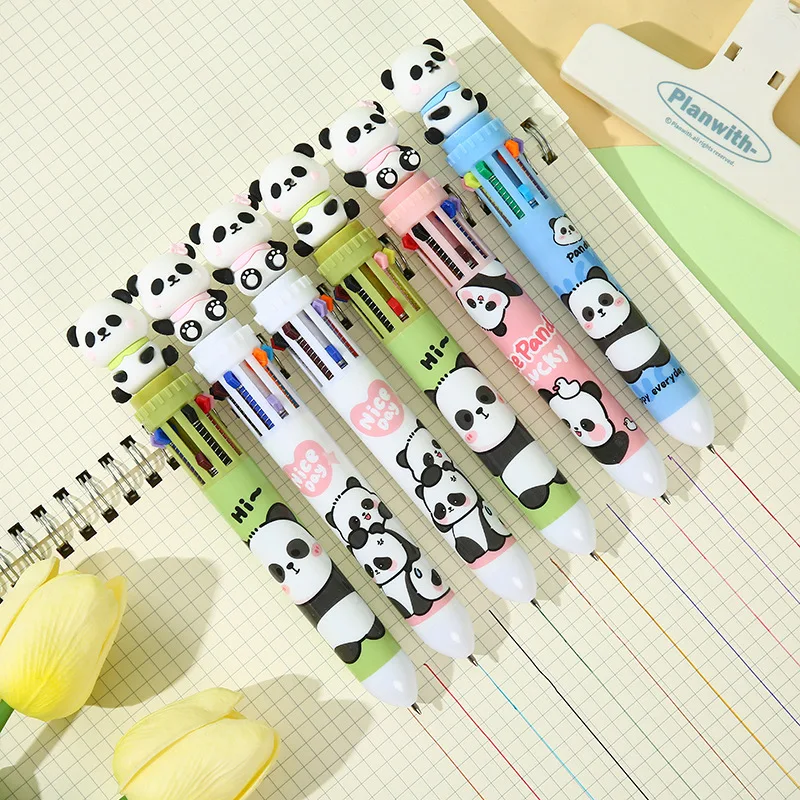 10Pcs/Lot Kawaii Cartoon Panda 10 Colors Ballpoint Pens Cute Multicolor Retractable Pen Bear School Office Writing Stationery