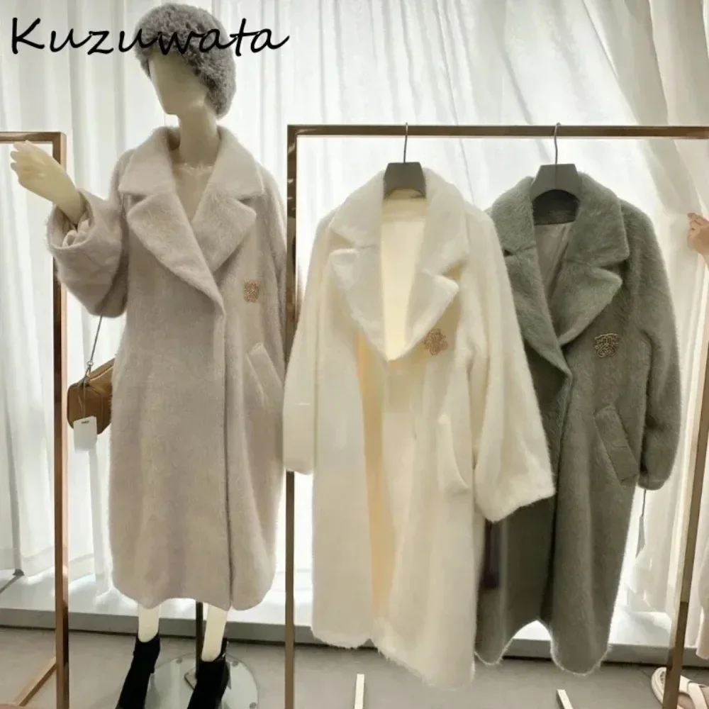 Kuzuwata Sweet Turn-Down Collar Long Sleeve Outwears Warm Mid-length Elegant Loose Coat Japan Wool New Brooch Solid Moda Jacket