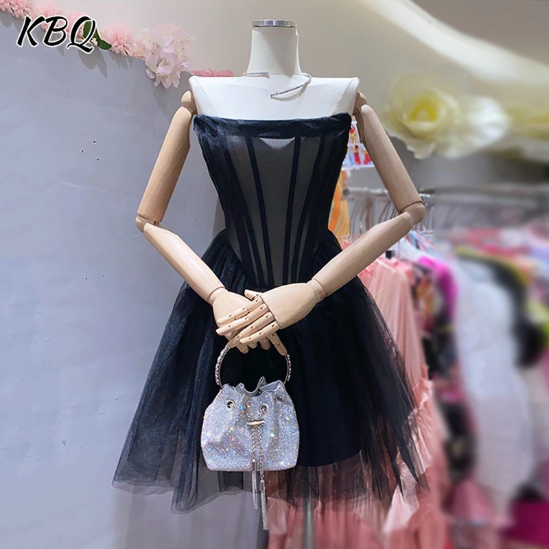 

KBQ Solid Elegant Mesh Backless A Line Dresses For Women Strapless Sleeveless High Waist Temperament Short Dress Female Fashion