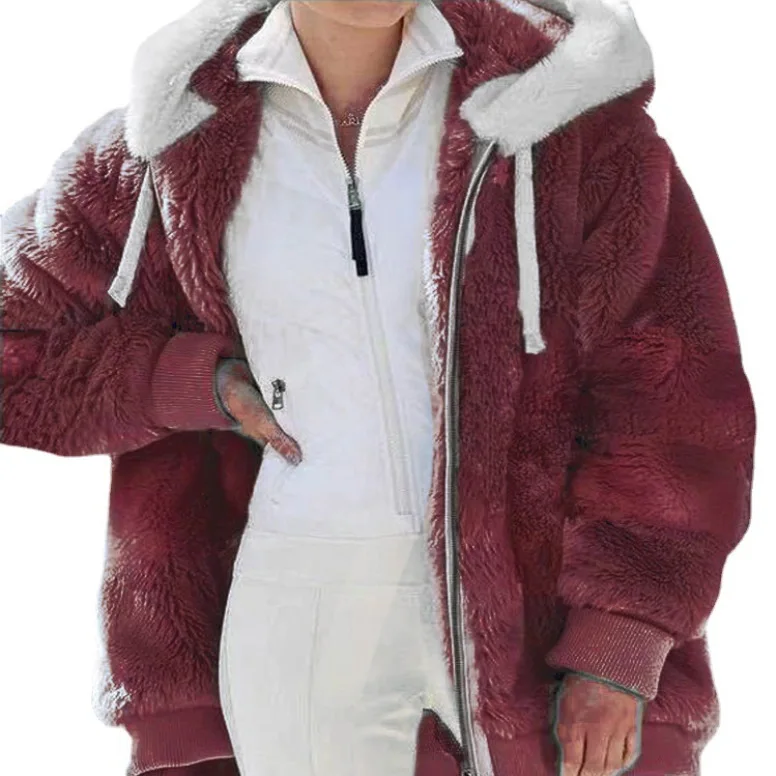 Women's Loose Fur Jacket with Hood Zipper Closure Autumn Winter New Style Wish Independent Station Hot Sale