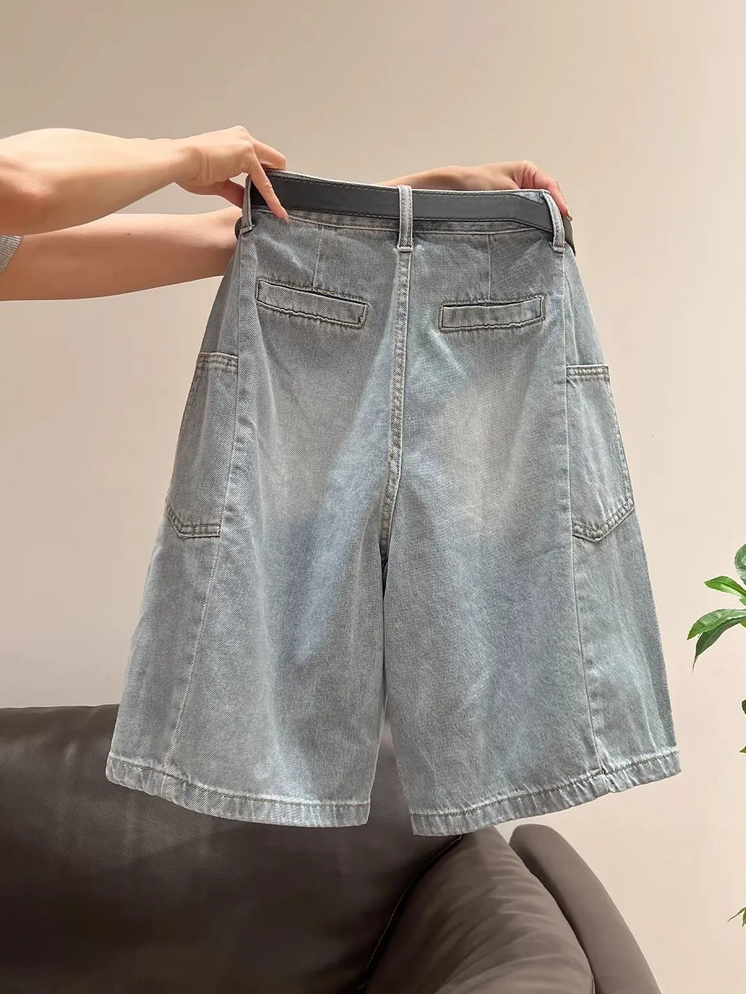 High Waist Straight Leg Crop Jeans Women's Summer Thin Texture Silk Wide Leg Shorts Slimming Effect Five-Quarter Length