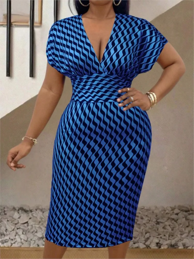 Abito da donna sexy con scollo a V profondo, abito alla moda, primavera estate, elegante, stampa di moda, manica corta, vita alta, abiti midi slim Femme