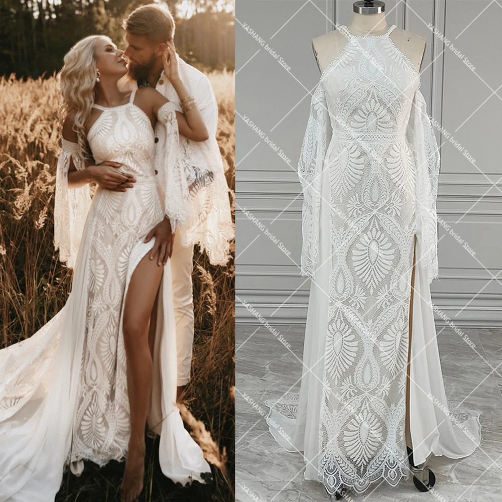 A Line Boho High Thigh Slit Lace Hippie Ball Gowns Customized Long Wide Split Sleeve Spaghetti Straps Scalloped Wedding Dress