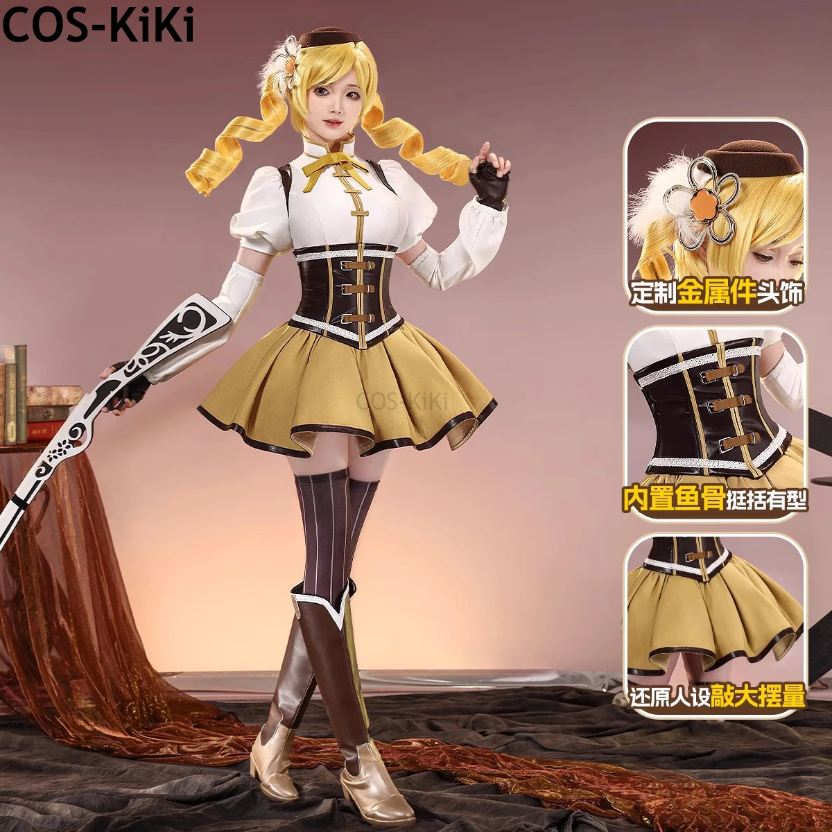 COS-KiKi Anime Puella Magi Madoka Magica Tomoe Mami Combat Suits Elegant Dress Cosplay Costume Halloween Party Role Play Outfit