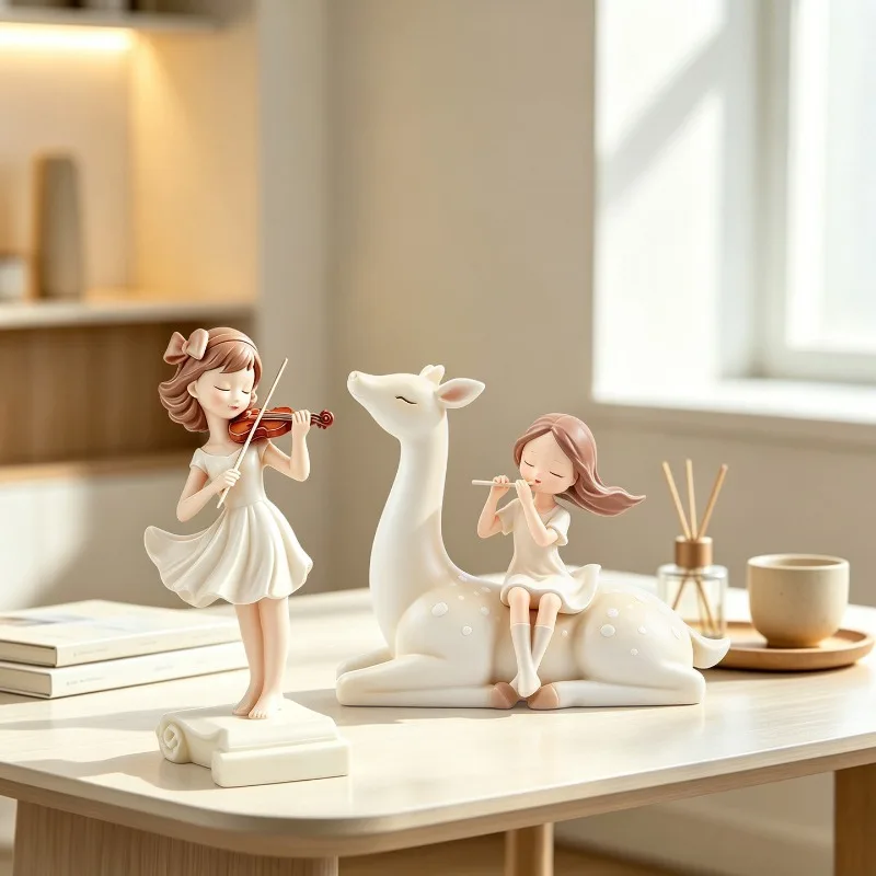Nordic Ins Music Deer Girl Sculpture Ornaments Living Room Wine Cabinet Entrance Desktop Figure Furnishings Crafts Birthday Gift