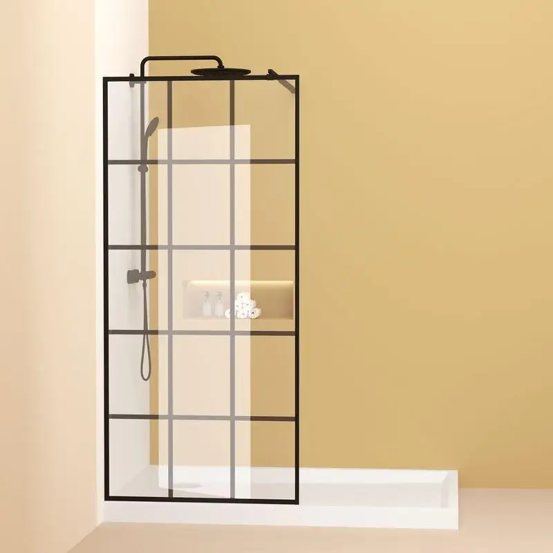 

Framed Glass Shower Screen 34"W x 72"H, 1/4" 6mm Silk Print Tempered Glass, Matte Black Aluminum with Support Bar, Shower Door
