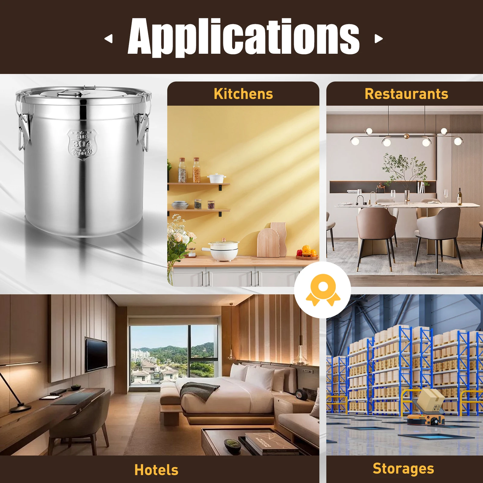 Recipiente hermético de 33L em aço inoxidável 304, recipiente de armazenamento de 3,2Gal com braçadeiras de travamento e tampa para arroz, farinha, cozinha de grãos