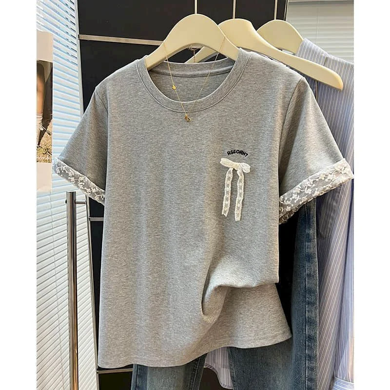 

O-neck T-shirts for Women Summer Loose Lace Patchwork Tops Oversized Casual Korean Style Short Sleeve Aesthetic Women Clothes