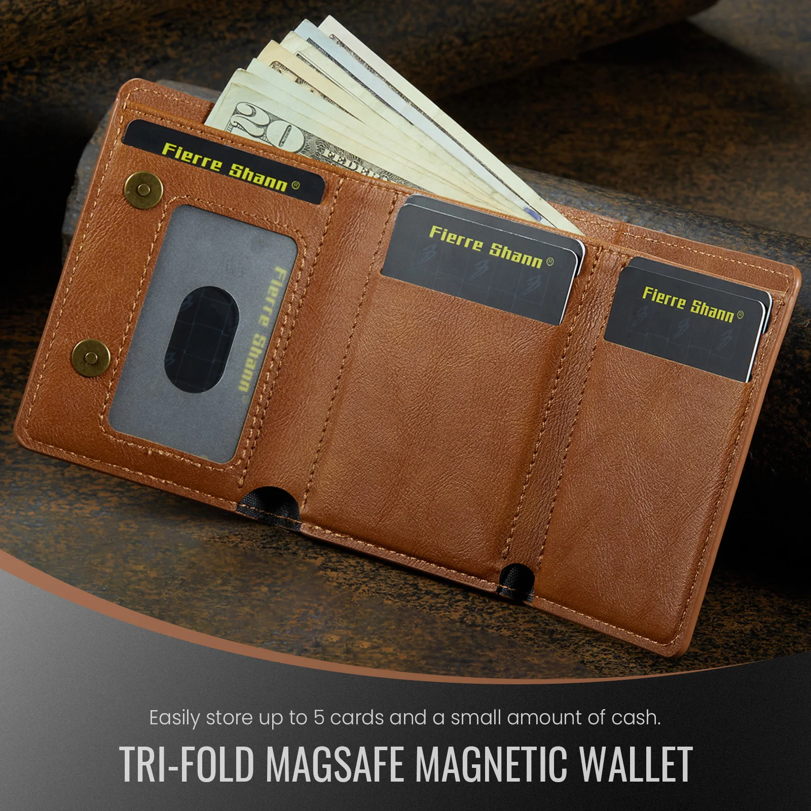 Fierre Shann Luxus-Geldbörse im Business-Design aus PU-Leder mit Klapptasche und magnetischem Schnallenständer für Kartenhalter